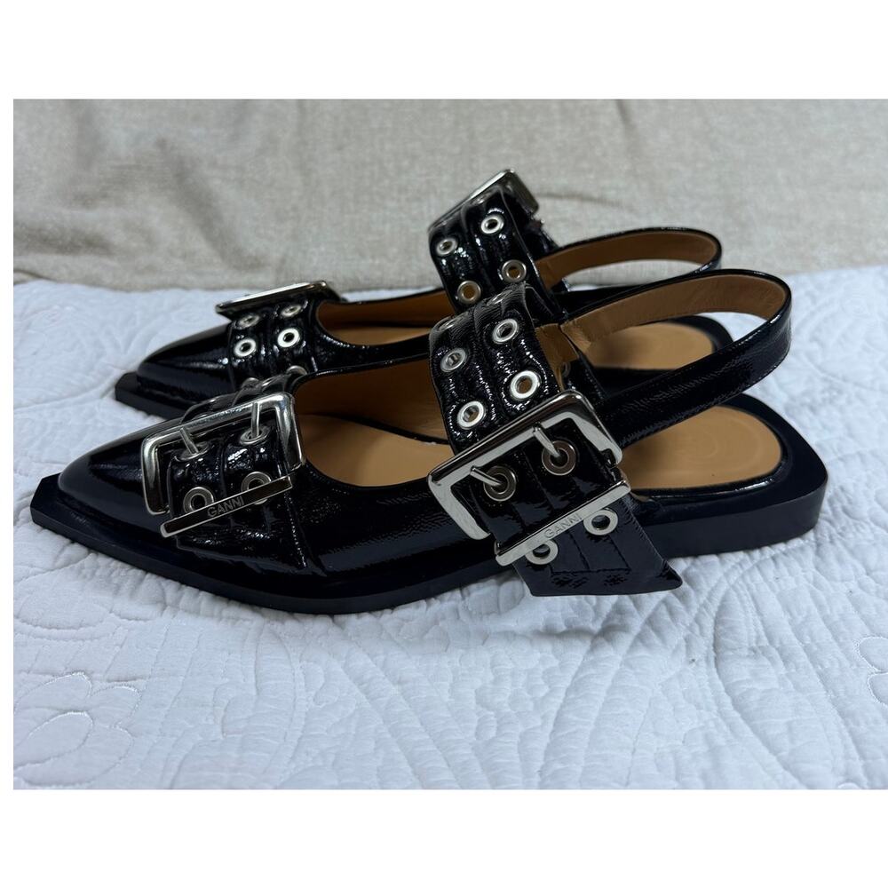 Ganni NWOT Women Black 7 Patent Leather Ballerina Slingback Pointed Toe Sandals - Picture 8 of 9